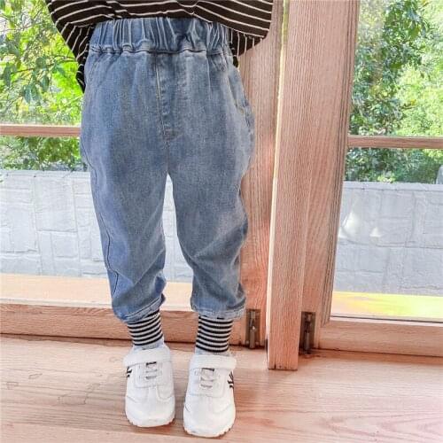 2021 Spring New Boys Girls Screw Thread Jeans Pants For 1-7Yrs Cotton Long Denim Pants Outfit Kids Clothing Loose Jeans Trousers