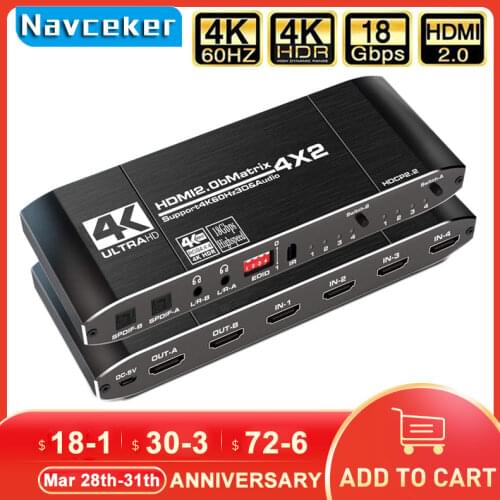 2020 HDMI Matrix 4x2 4K @ 60Hz HDR Switch Splitter 4 in 2 out YUV 4:4:4 Optical SPDIF + 3.5mm jack Audio Extractor HDMI Switcher