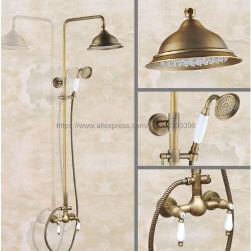 Antique Brass Bathroom Shower Faucet 8" Rainfall Shower Head Dual Handles with Hand Shower Ban116