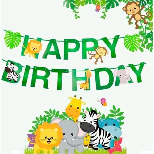 HUIRAN Safari Animals Paper Banner Happy Birthday Banner Kids Birthday Party Decor Jungle Party Decorations Green Elephant Zebra