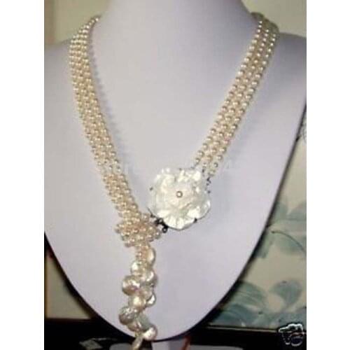Free Shipping 3 rows 7-8mm white cultured pearl necklace_With Flower
