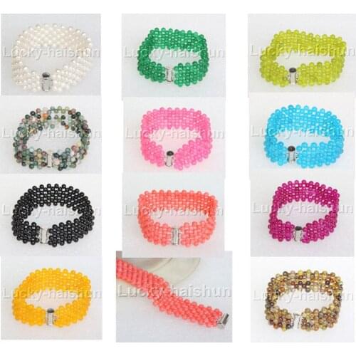 Natural 7" Handcrafted round green white pink blue black yellow Multicolo jade pearls coral agate Choker bracelet j11994-3