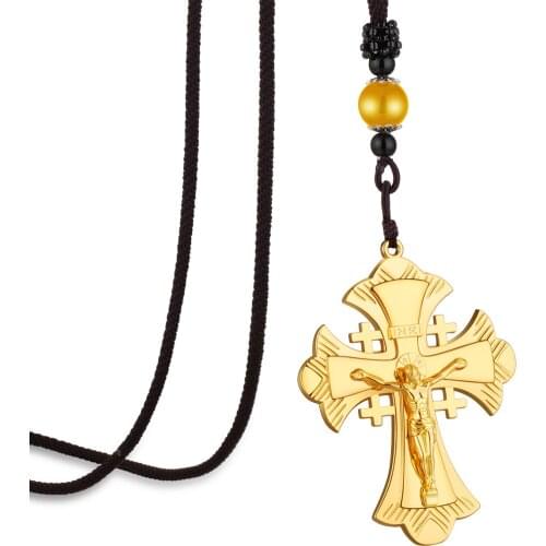 INRI Jerusalem Crucifix Jesus Pectoral Cross Pendant Necklace Braided Rope Chain Necklace Orthodox Jehovah Priest Prayer Jewelry