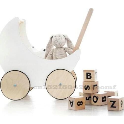 Childrens Wooden Stroller Creative Moon Shape Stroller 1-3 Year Old Baby Toddler Walker Baby Go Out and Stroller Toys Storage
