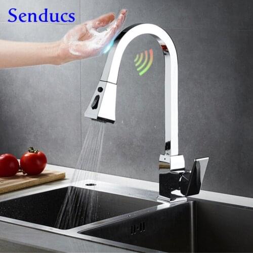 Chrome Touch Kitchen Faucets Senducs Pull Out Kitchen Sink Faucet Hot Cold Brass Kitchen Tap Touch Control Sensor Kitchen Faucet