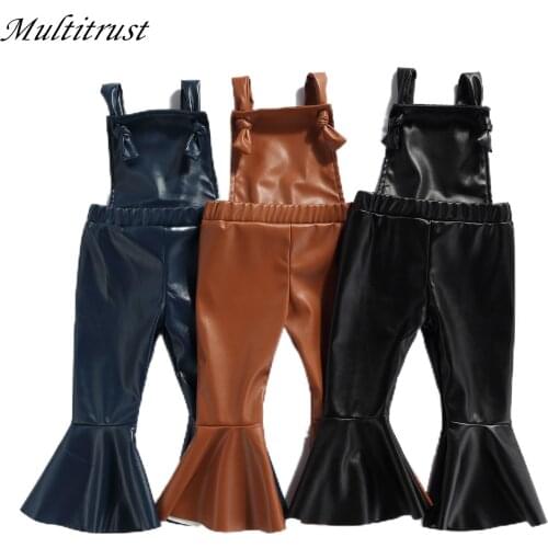 Multitrust Toddler Girls Jumpsuit PU Leather Solid Sleeveless Romper High Waist Flared Pants Summer Outfits
