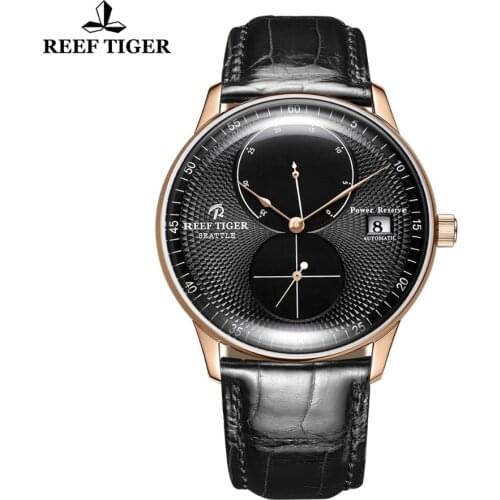 Reef Tiger RGA82B0 Men Luxury Fashion Business Ultra Thin Dual Windows Dial Automatic Self-Wind Mechanical Wrist Watch Rose Gold