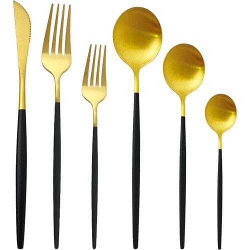 36Pcs/Set Black Gold Cutlery Set Luxury Dinnerware Matte 18/10 Silverware Stainless Steel Dinner Knife Fork Spoon Tableware Set