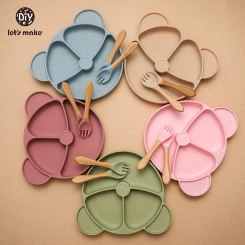 Lets Make Baby Feeding Bear Cutlery Set Food Grade Silicone Waterproof Fork Spoon Non-Slip Dinner Plate BPA-Free Kids Tableware