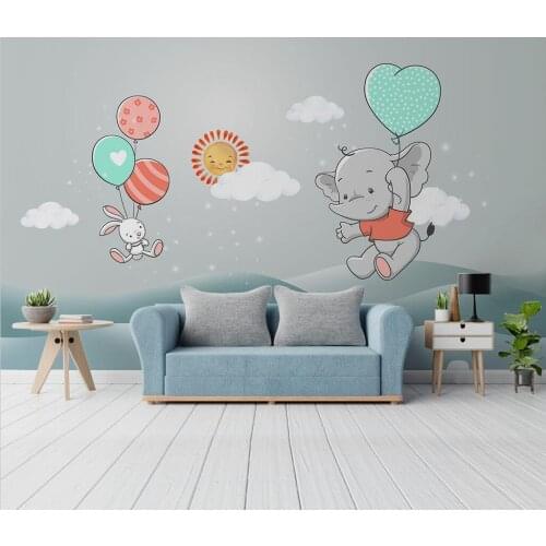 Custom mural wallpaper modern nordic cartoon hand-painted sky baby elephant balloon childrens room background wall paper