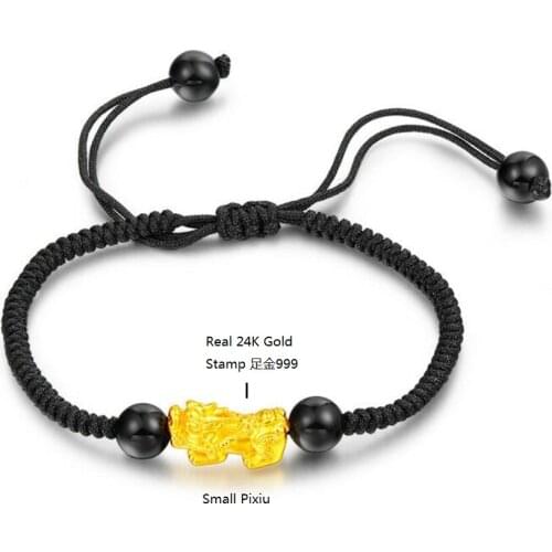 Genuine 24K Yellow Gold Small Pixiu with Black Cord Bracelet Length from 5" to 15"