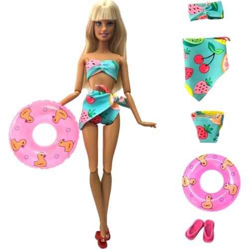 NK 3 Pcs/Lot Swimwear Beach Bikini Swimsuit + Swimming Lifebuoy Pool Float +Shoes for Barbie Doll Accessories Dollhouse Baby Toy