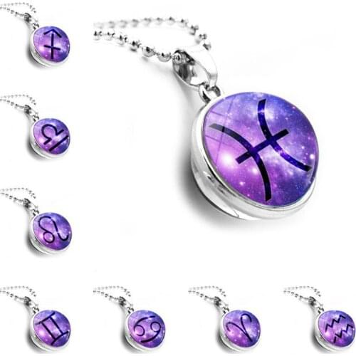 2021 New Trendy 12 Constellation Double Side Glass Round Ball Pendant Necklace for Women Gift Elegant Female Long Sweater Chain