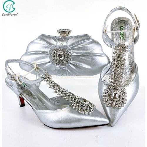 New Elagant Fashion Unique Style Italian design Party Noble Luxury Ladies Shoes and Bag Set in Silver Color for Wedding