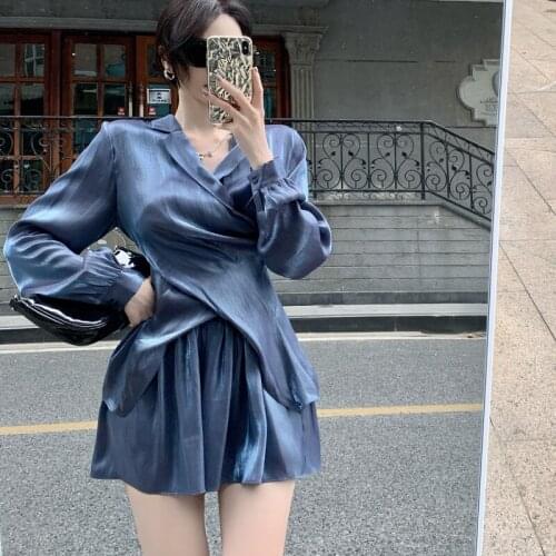 Fall Two Piece Set Women Top And Pants Thin Lapel Shirt Top + Casual High-waist Shorts