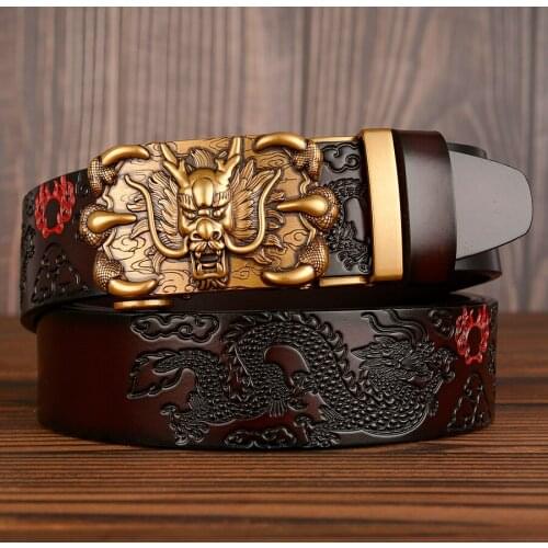 Genuine Leather Mens belt Luxury Brand Designer Cow Leather Strap Automatic Buckle Fashion Dragon Pressed Ratchet Dress Belt