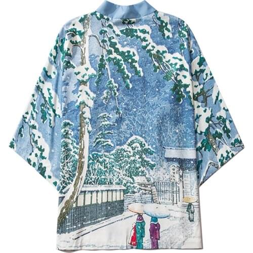 Fashion Summer Beach Snow Painting Kimono Shirt Yukata Blouse Haori Obi Asian Clothes Men Women Japanese Coat Cardigan Jacket