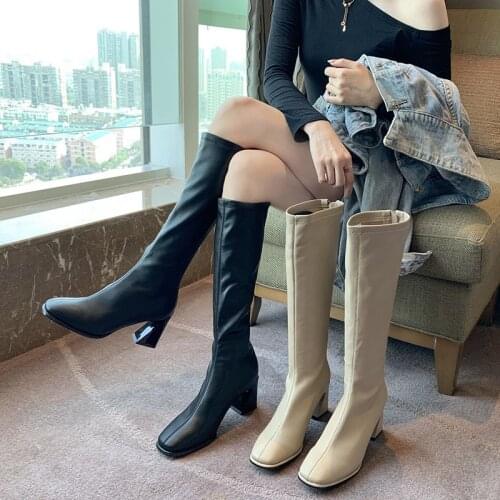 2020 INS Fashion Women 7cm Black Block High Heels Long Boots New Winter Warm Knee High Boots Soft Leather Thigh High Boots Shoes