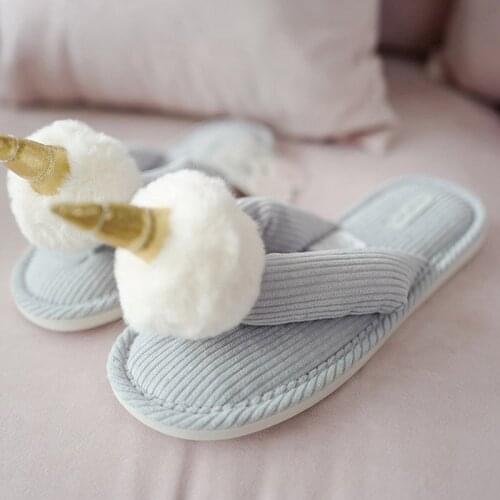 Fashion New Unicorn Home Cotton Slippers Winter Warm Canvas Indoor Flip Flops Female Quiet Anti-skid EVA Soled Slides Shoes