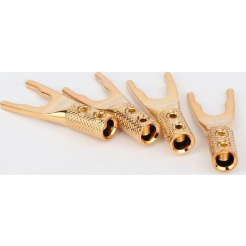 4x SY1535 Pure copper 24K Gold Plated Spade Plug Speaker Cable Fork Plug Screw locking Spade Connector Terminal Plug adapter