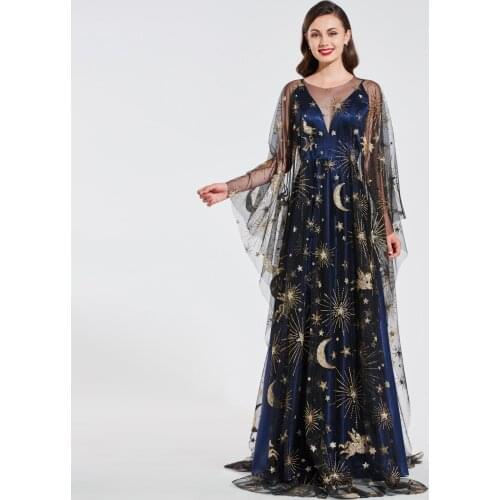 Tanpell Golden Sequins Star Pattern Evening Dress Two-Piece A Line Sleeves Lace Floor Length Women Party Fashion Evening Dress