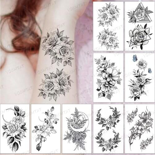 Waterproof Temporary Tattoo Sticker Woman Rose Flower Butterfly Line Flash Tatoo Girl Henna Black Ink Body Art Arm Fake Tatto