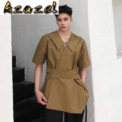 High quality Summer new medium long coffee three quarter sleeve fashion shirt Korean trend personality V-neck casual shirts