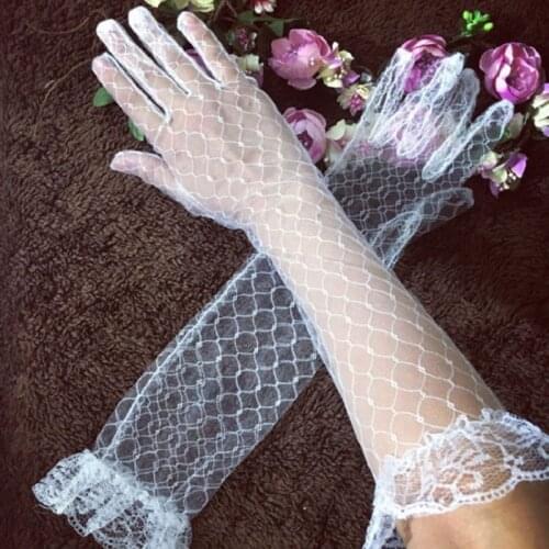 Womens White Stretchy Elbow Length Bridal Wedding Long Gloves Full Finger Rhombic Mesh Floral Lace Trim See Through Prom Party