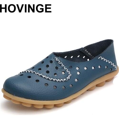 HOVINGE Summer Women Ballet Flats Genuine Leather Loafers Shoes Slip On Flat Hollow Rubber shoes ladies ballerina flats