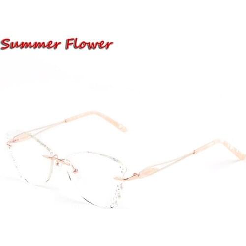 Butterfly Female Eye Glasses Titanium Gray Red Lens Diamond Trimmed Rimless Spectacle Frames Women Sunglasses Tint Lenses