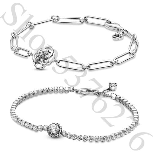 Authentic 925 Sterling Silver Sparkling Halo Rose Petals Fashion Bracelet Fit Pandora Women Bead Charm Bangle Gift DIY Jewelry