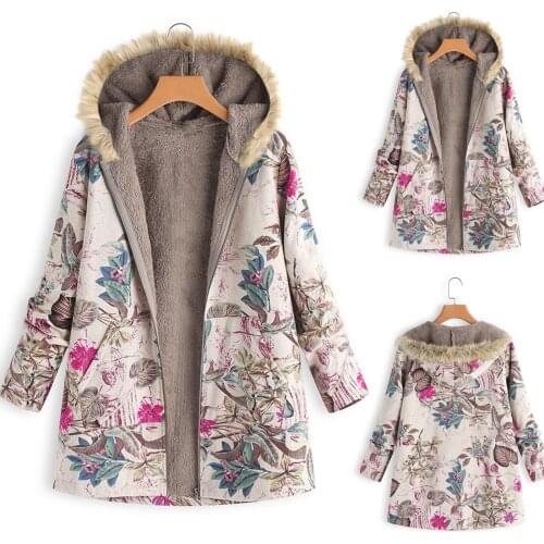 Novel New Women Autumn Winter Fashion Retro Printing Splicing Zipper Hood Cardigan Long Sleeves Coat Lady Zipper Streetwear