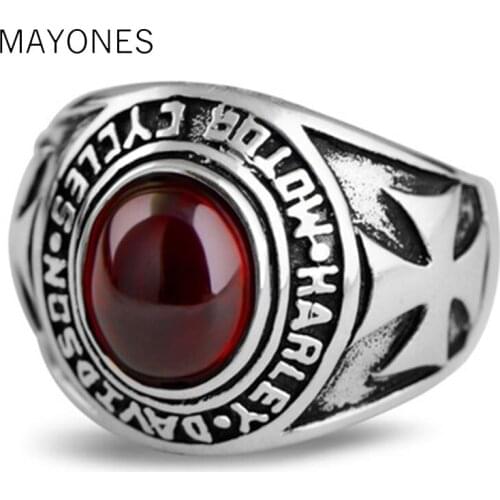 MAYONES Vintage Real 925 Sterling Silver Garnet Ring with Hand Carved Crusader Flowers Pattern Rings for Unisex Fine Jewelry