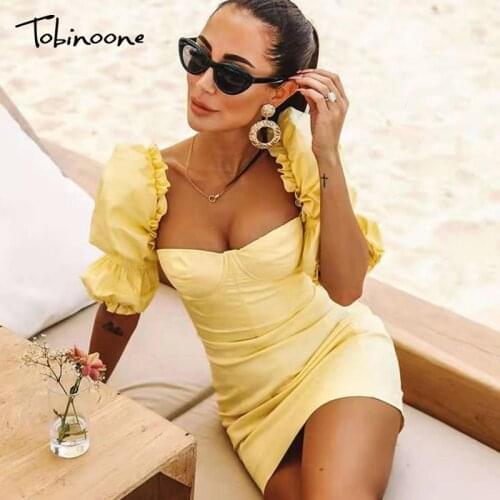 Tobinoone Sexy off shoulder bodycon dress Women spring summer elegant mini dress Party club long Puff Sleeve Nightclub dress