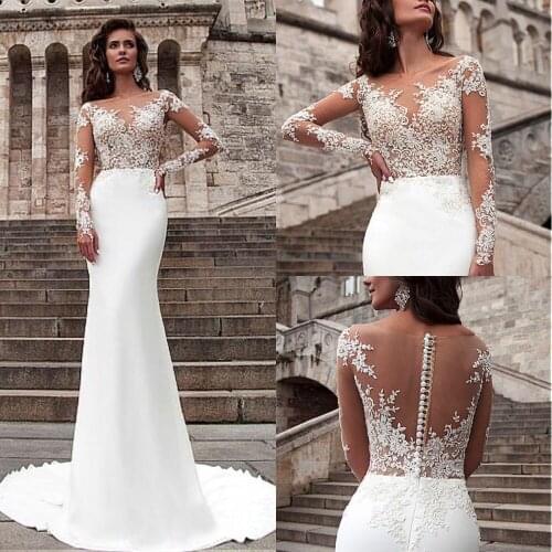 Wonderful Chiffon Bateau Mermaid Wedding Dresses Long Sleeve Lace Appliques Bridal Gowns Sheer Illusion Vestidos de novia