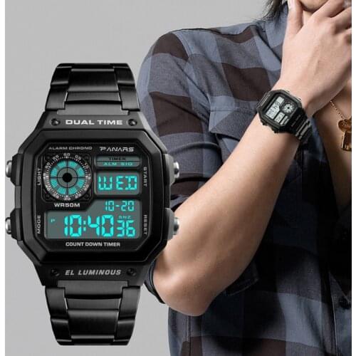 PANARS 8113 Luxury Stainless Steel Business Men Watches LED Electronic Wristwatches Digital 50M Waterproof Sports Watches New