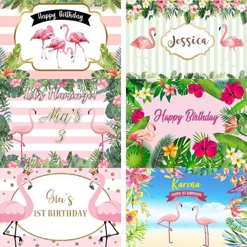 Flamingo Celebration Birthday Photo Backdrop for Photography Summer Hawaiian Style Backdrop Flowers Newborn Background Poster