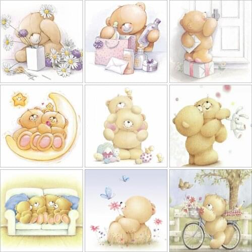 Huacan Full Drill Square/round Diamond Painting Bear Decorations For Home Mosaic Cartoon Animals Wall Stickers