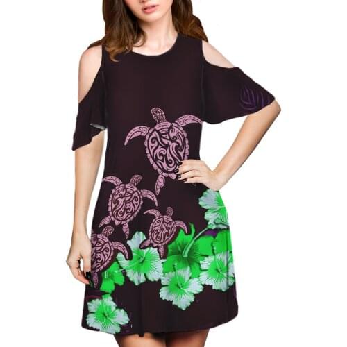 Hycool Plain Black Floral Tribal Sea Turtle Print Women Casual Midi Birthday Dress Stylish Elegant Half Shoulder Womens Dresses