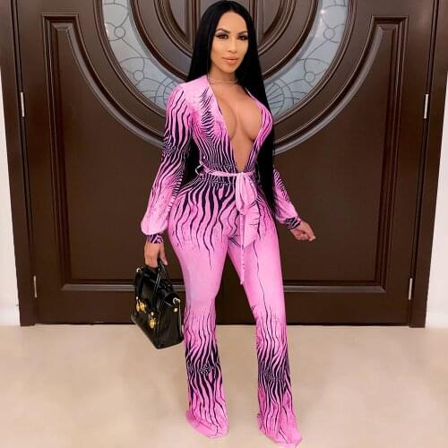 Sexy V-neck Print Jumpsuit Elegant Women Long Sleeve Rompers Flare Pants Office Lady Bodycon Overalls Sashes Macacao Feminino