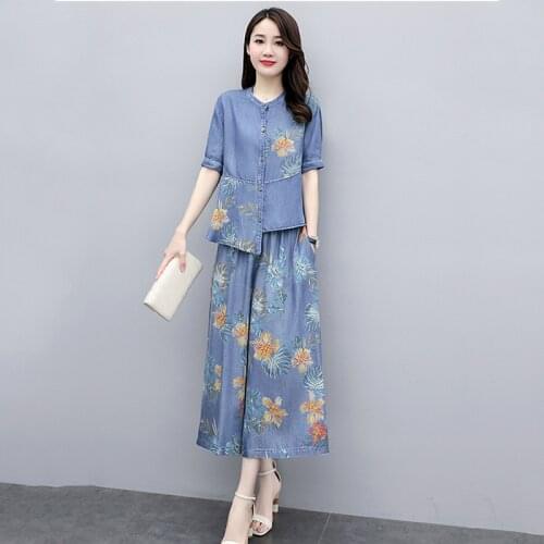Tencel printing denim wide-leg pants suit women 2021 new summer casual fashion ethnic style two-piece female 3xl s121
