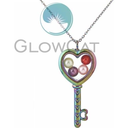 Rainbow Key Pendant Necklace Glass Heart Locket Pearl Cage Pendant 50cm Steel Chain Necklace