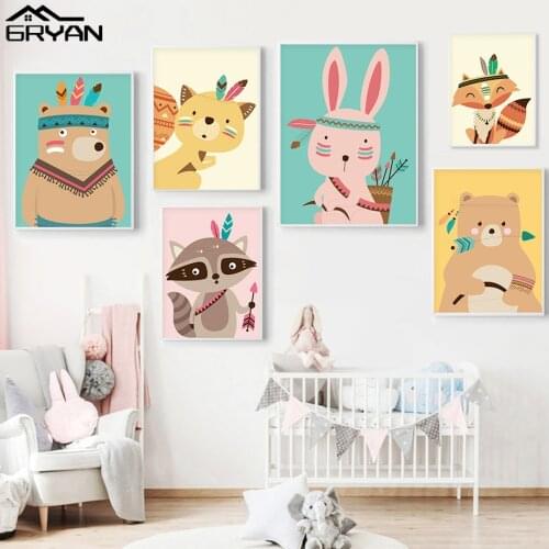Woodland Jungle Tribe Forest Animal Bear Fox Squirrel Wall Art Canvas Poster Nordic Nursery Print Painting Kid Baby Room Picture