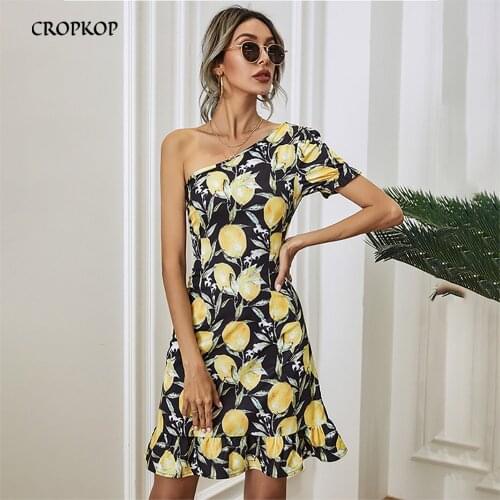 Summer Women Sexy One Shoulder Mini Dress Casual Print Beach Party Bodycon Dress Fashion Black Ruffle Stitching Sundress 2021