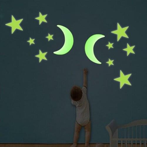 Moon Stars Fluorescent Wall Sticker Kids Room Erupted Decor Glow In The Dark Shimmer 12 Pcs