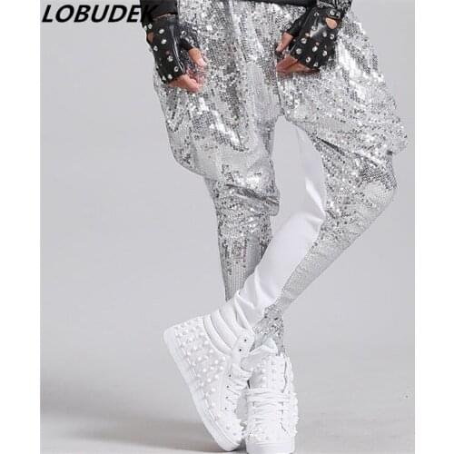 Tide Male Haren trousers Silvery Black Sequins Long Pants Nightclub Rock Singer Hip-Hop Cool Pants Bar Drum DJ DS Stage Costume