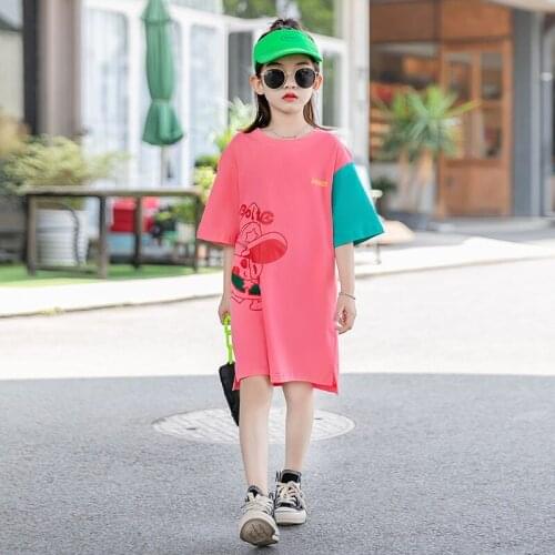 Foreign Style Girls Clothes Splicing Printing Cartoon Knee-Length Doodle T-shirt for Girls Fashion Mother and Daughter Clothes