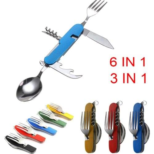 6 In1 Portable Multi Tool Utensil Bottle Can Opener Fold Spork Fork Tableware Picnic Spoon Knife Outdoor Camping Equipment