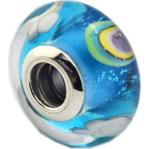 QANDOCCI 925 Sterling Silver Jewelry Iridescent Rainbow Murano Glass Charm Original Beads Fits Bracelets For Jewelry Making