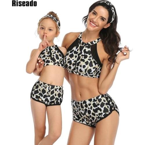 Riseado Mother Daughter Swimsuits Patchwork Bikinis Leopard & Solid Swimwear Women Girls Swim Suits Summer Beachwear 2021